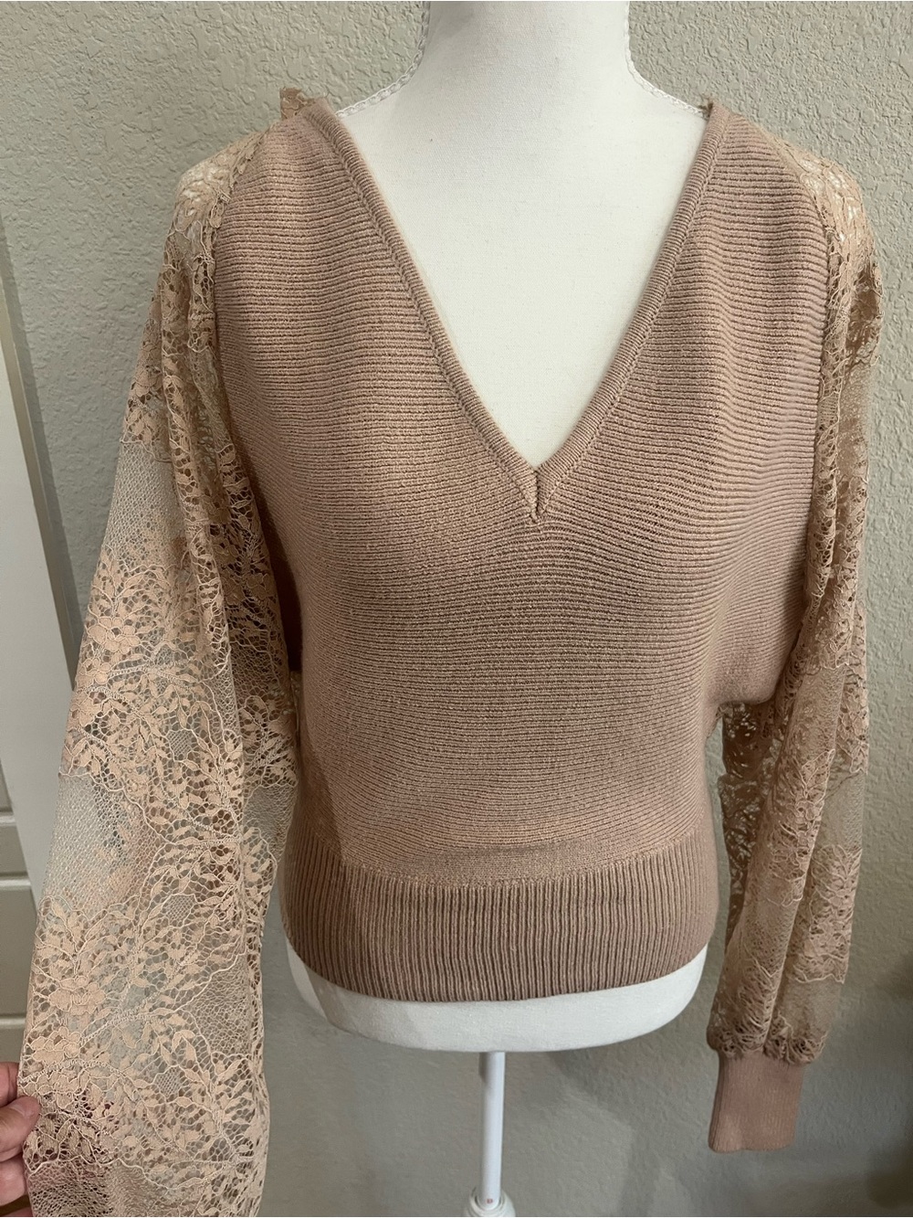 Lulu’s  Story To Tell Tan Surplice Back Lace Sweater Top